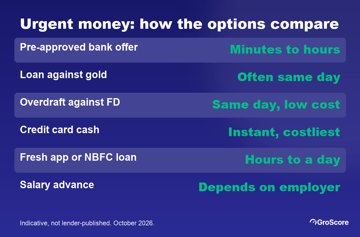 Urgent personal loan options compared by speed and cost: pre-approved offer, gold loan, overdraft against FD, credit card cash, app loan