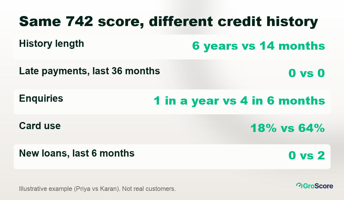 Illustrative credit history comparison: two borrowers with the same 742 score but different history length, enquiries and card use