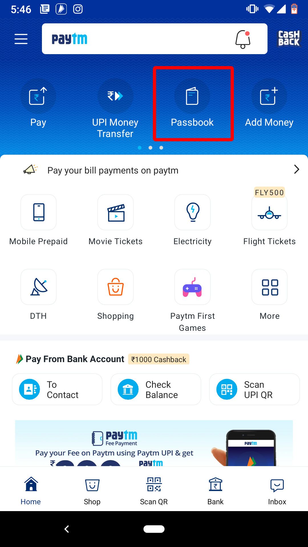 click on paytm pasbook