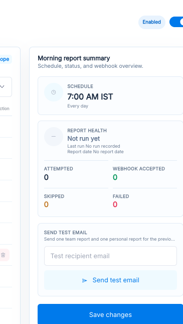 Morning report summary and Send test email panel