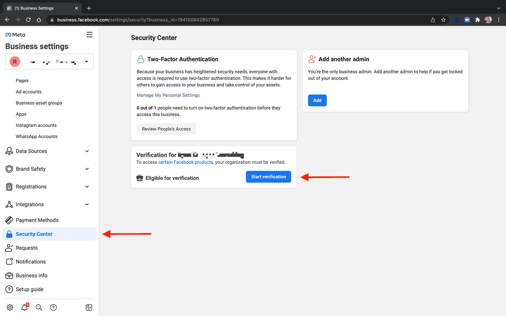 Meta business manager account verification in the Twilio Console.