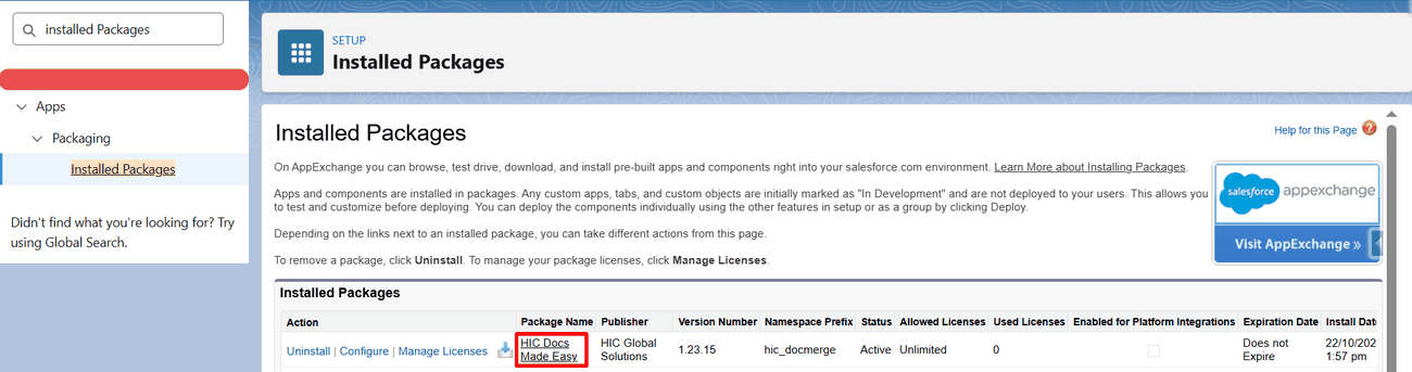 HIC Docs Made Easy highlighted in the Installed Packages list