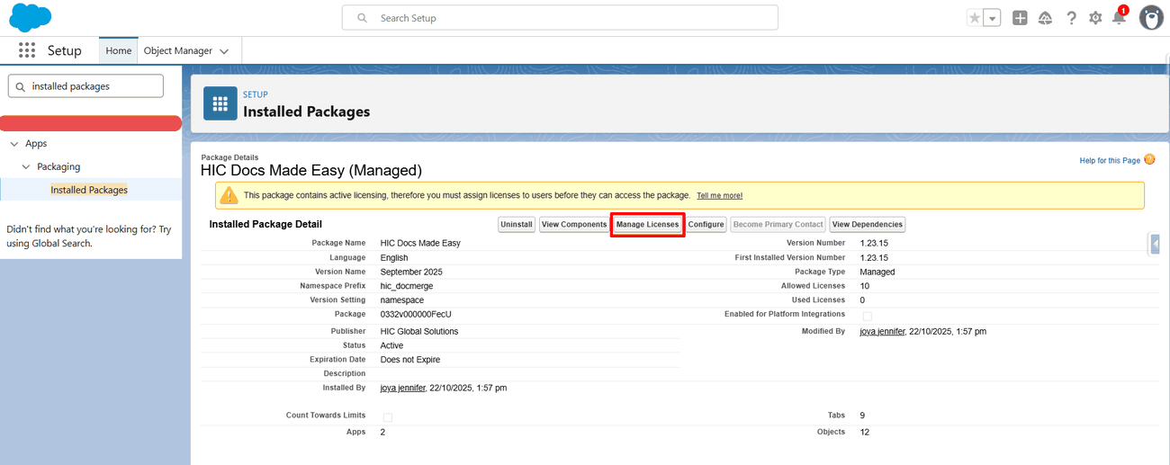 Manage Licenses button on the package detail page