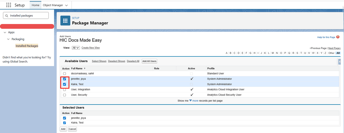 Selecting users from the Available Users list
