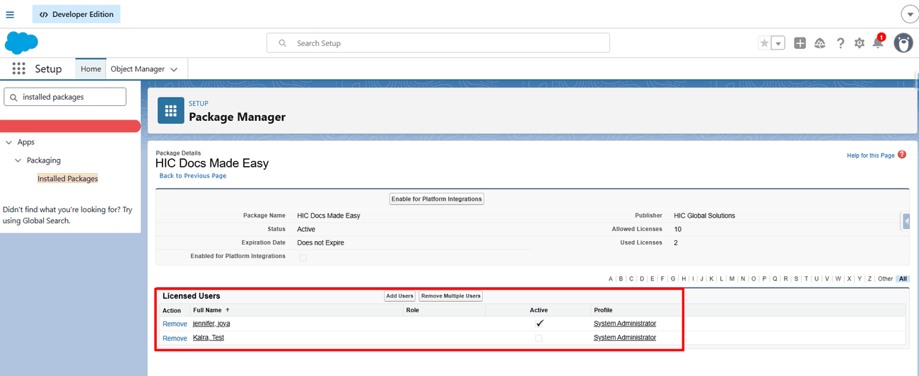 The Licensed Users list showing the assigned users