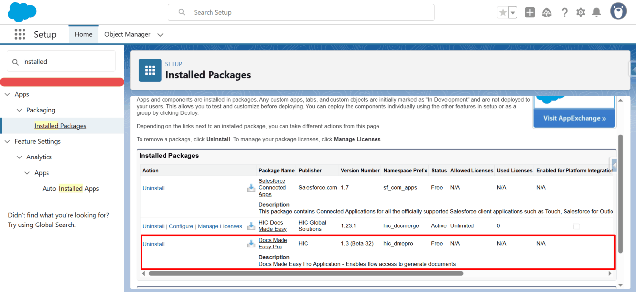 Docs Made Easy shown in the Installed Packages list
