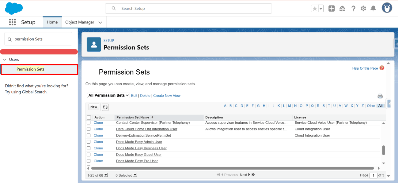 The Permission Sets page in Setup