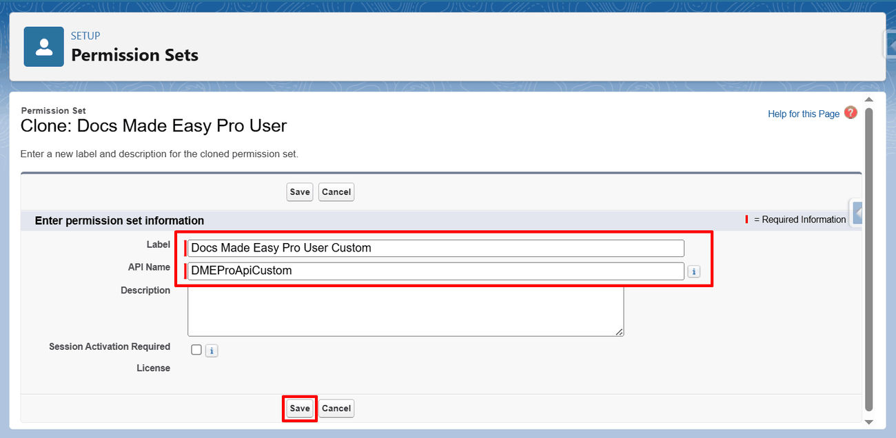 Entering a label and API name for the cloned permission set