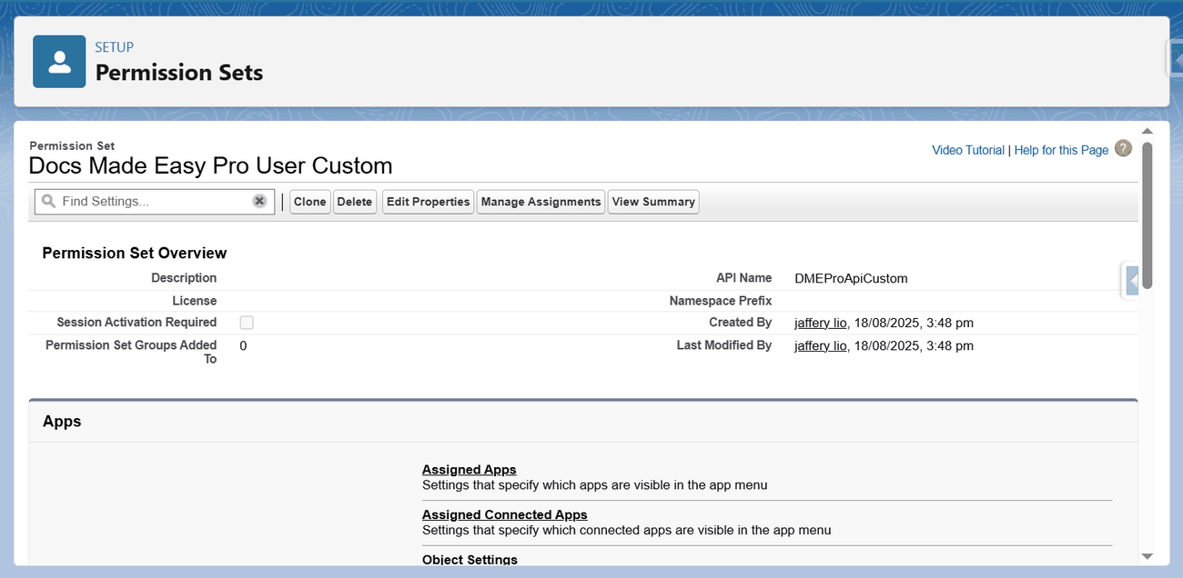 The cloned permission set overview page