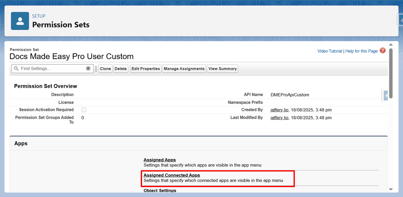 Assigned Connected Apps link in the permission set overview