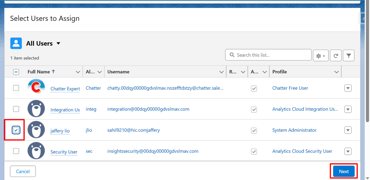 Selecting users to assign the permission set to