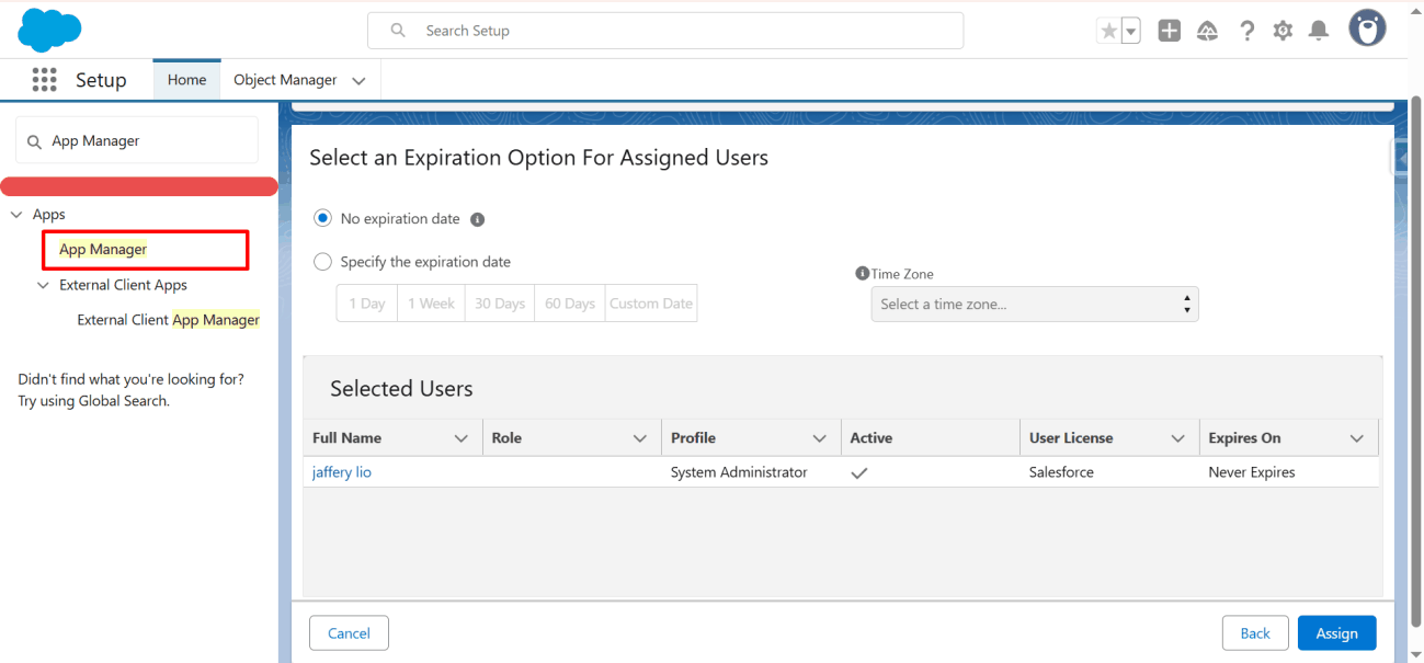 Searching for App Manager in Setup