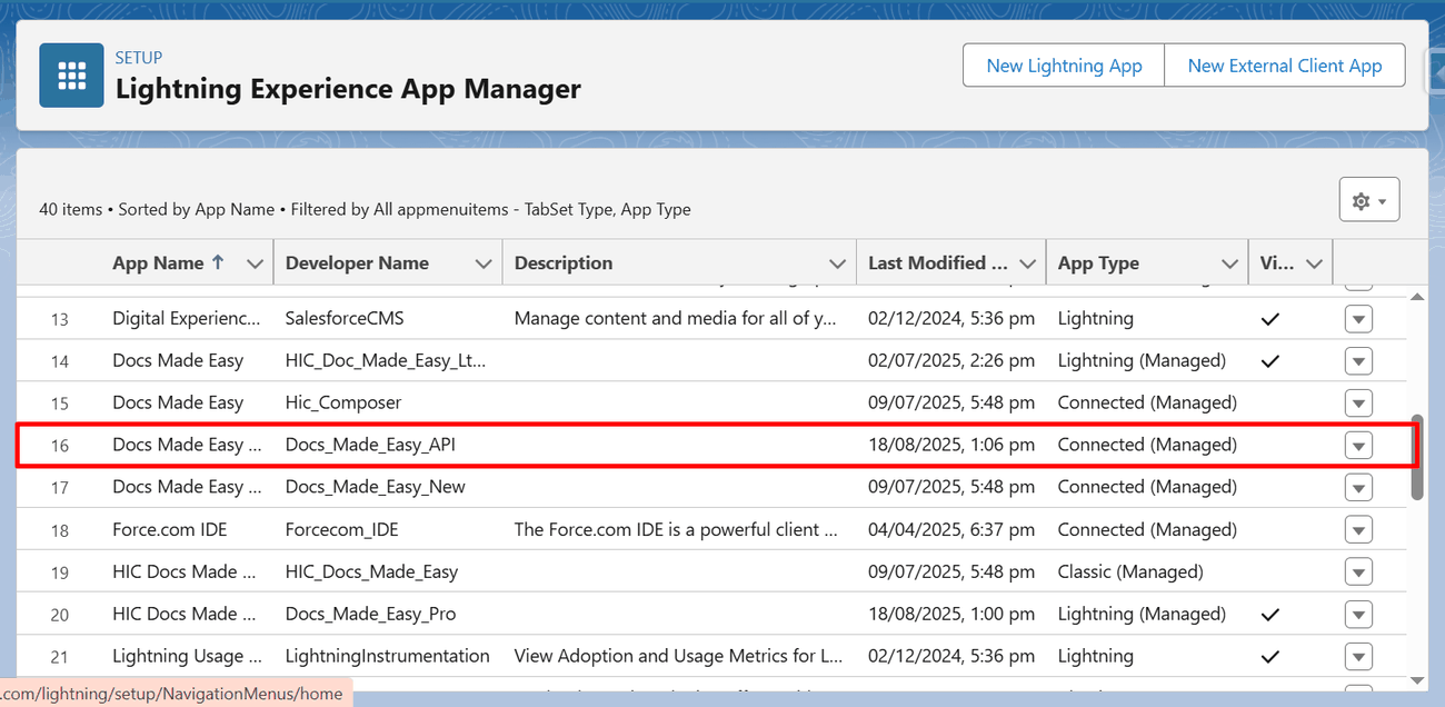 Docs Made Easy API in the Lightning Experience App Manager list