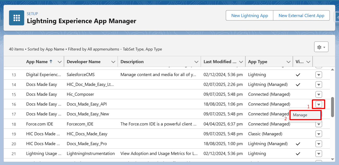 Selecting Manage from the row dropdown