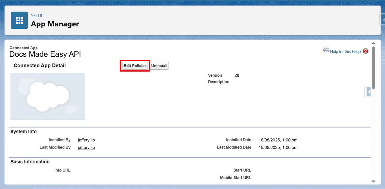 Edit Policies button on the Docs Made Easy API detail page