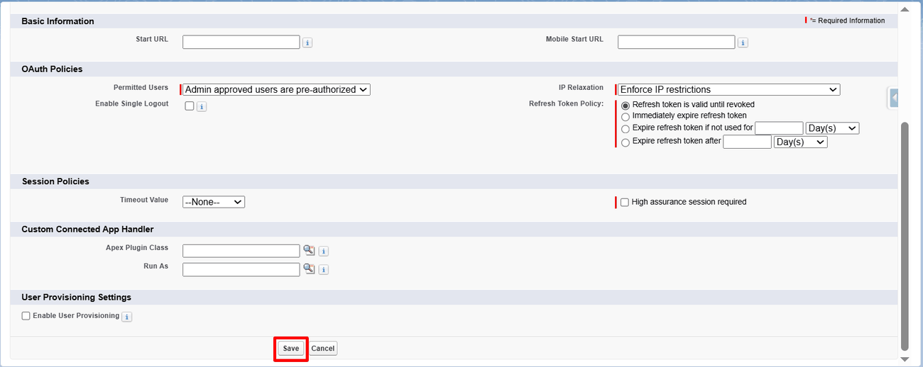 The saved OAuth policy settings