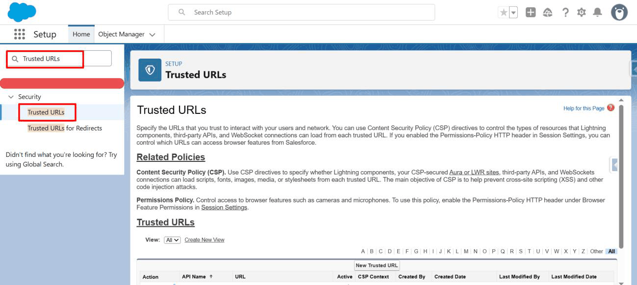 The Trusted URLs page in Setup