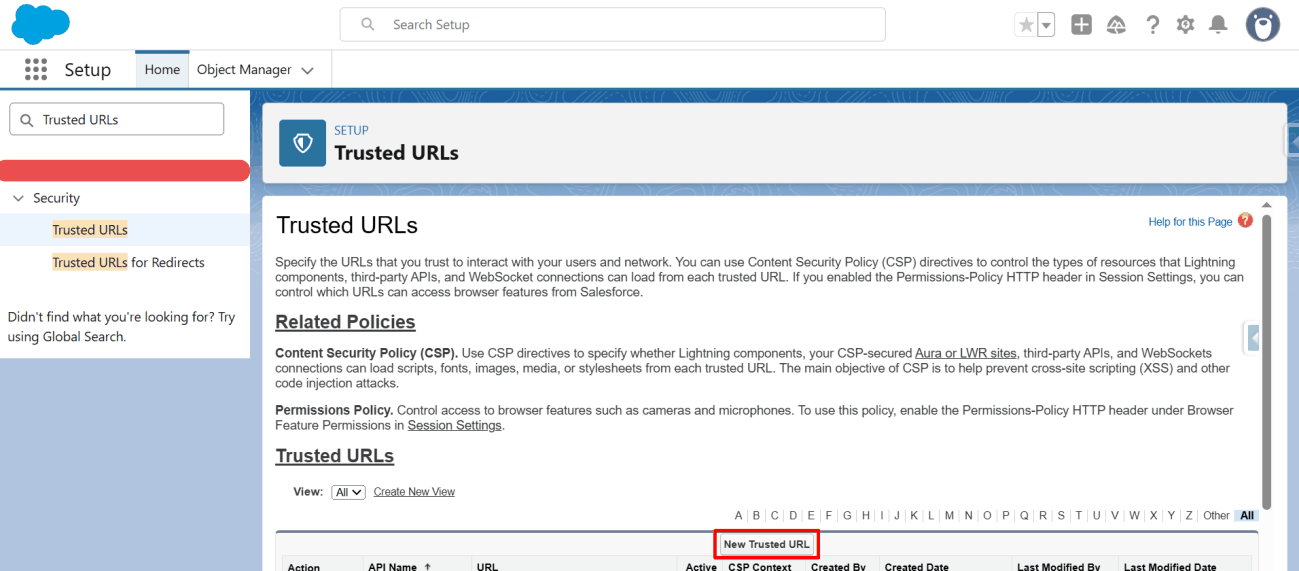 New Trusted URL button