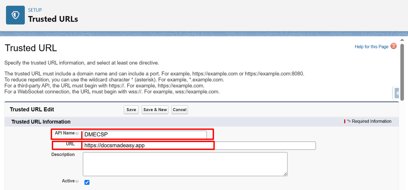 Trusted URL form with the API name and URL filled in