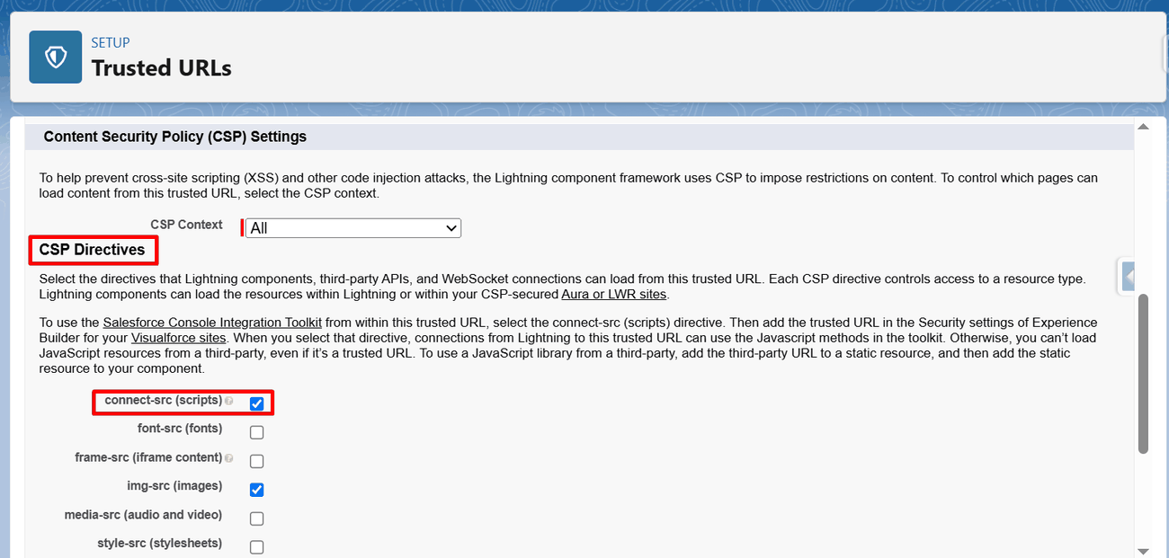 CSP Directives section with connect-src ticked