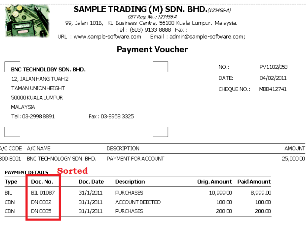 Customize Payment Voucher(PV) to sort the payment details by document