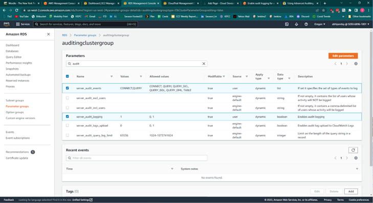 Cloud Device Configuration : AWS RDS Audit Logs : Support Services