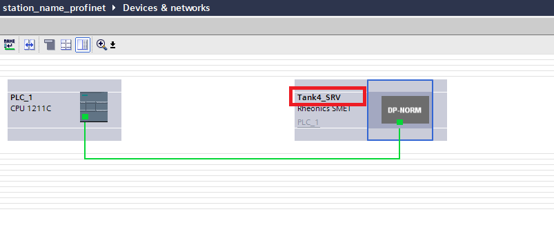 Siemens TIA Portal network view showing Rheonics SME with non-standard PROFINET station name 'Tank4_SRV' connected to PLC_1 CPU 1211C'