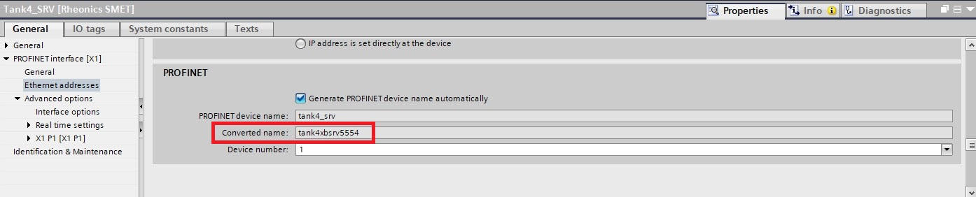 Siemens TIA Portal PROFINET settings showing automatic conversion of non-standard station name 'Tank4_SRV' to compliant name 'tank4xbsrv5554' for Rheonics SME