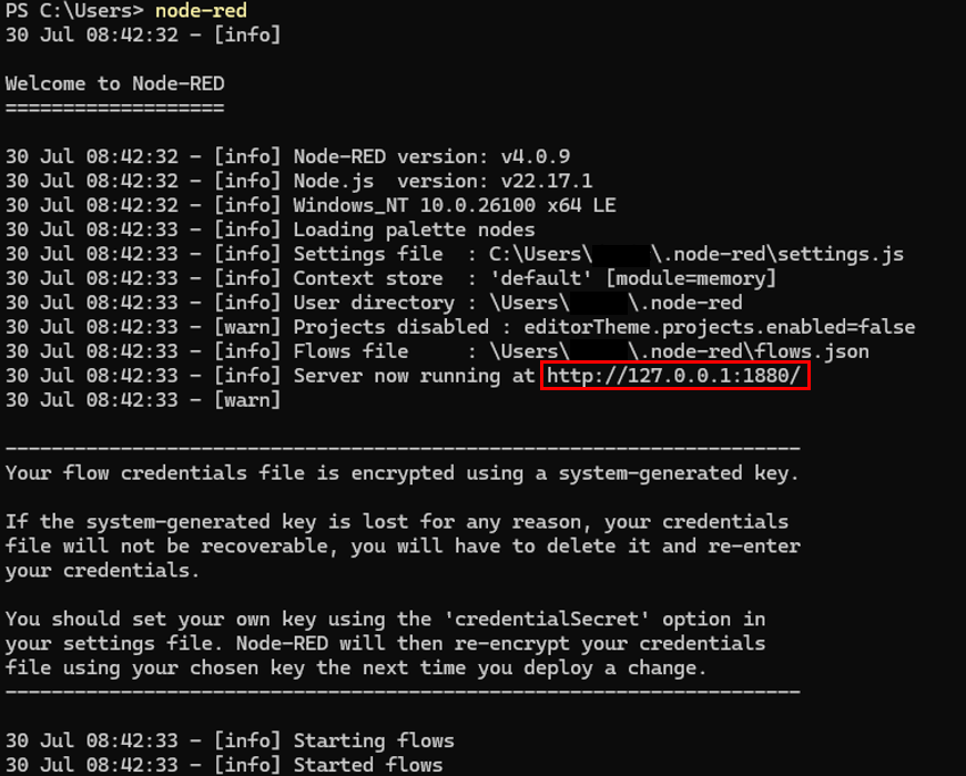Figure 3: Node-RED running in terminal