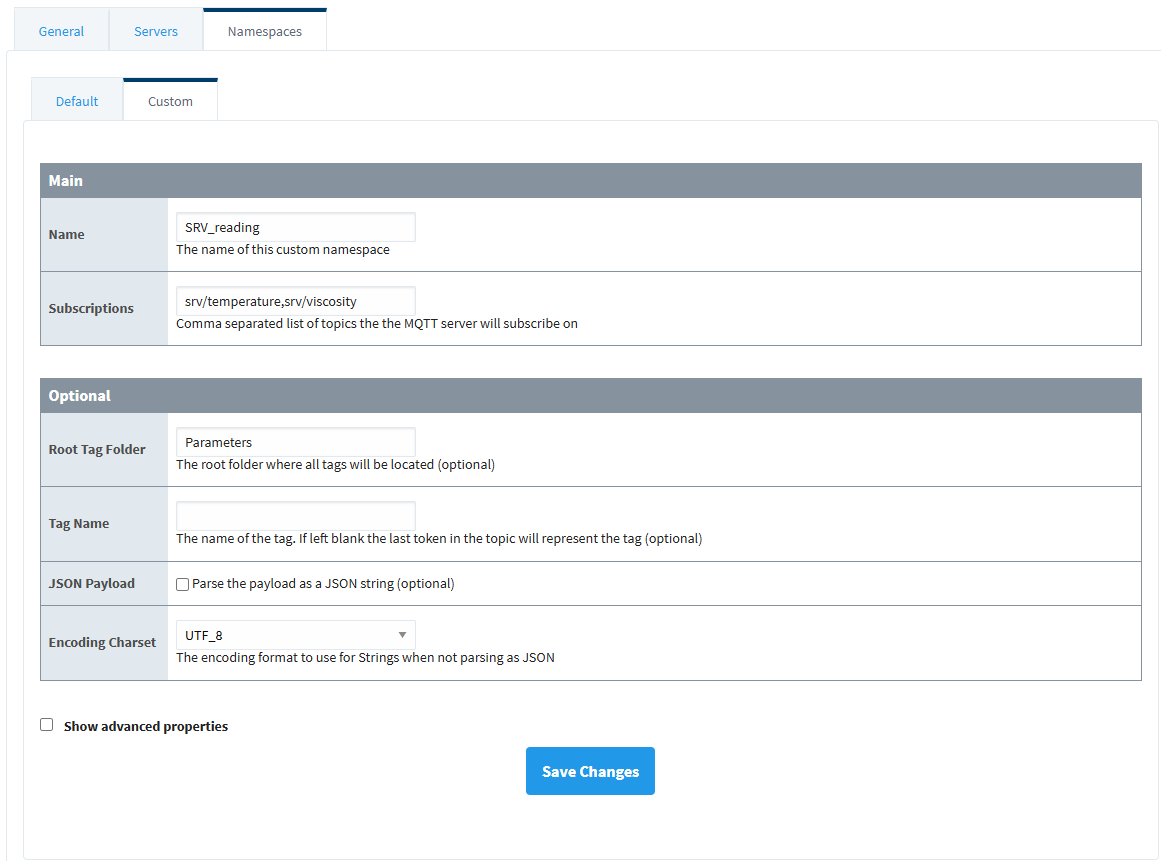 Figure 17: Namespace Configuration in MQTT Engine