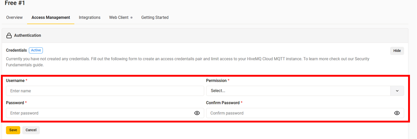 Figure 7: Creating Credentials in HiveMQ Access Management