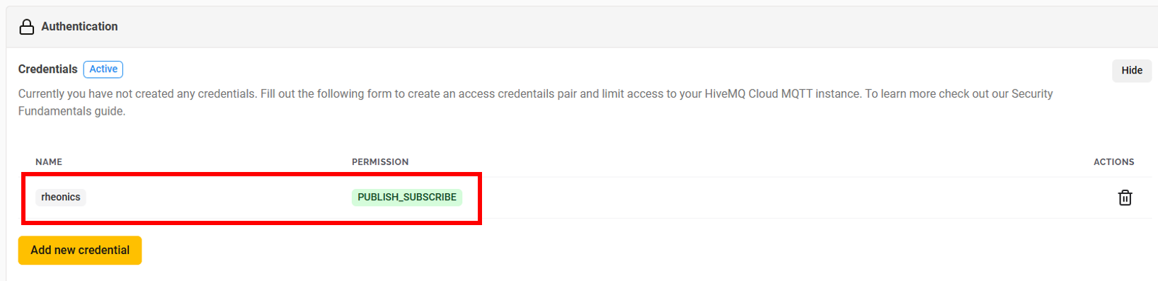 Figure 8: Created Credentials in HiveMQ successfully