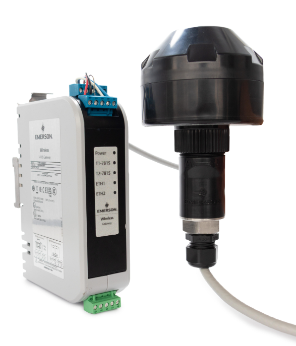 Emerson WirelessHART Gateway with external antenna for wireless HART communication in industrial networks.