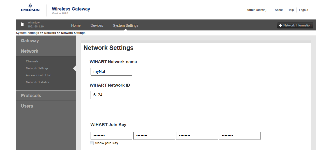Emerson WirelessHART 1410S Gateway network settings interface showing WiHART network name, ID, and join key