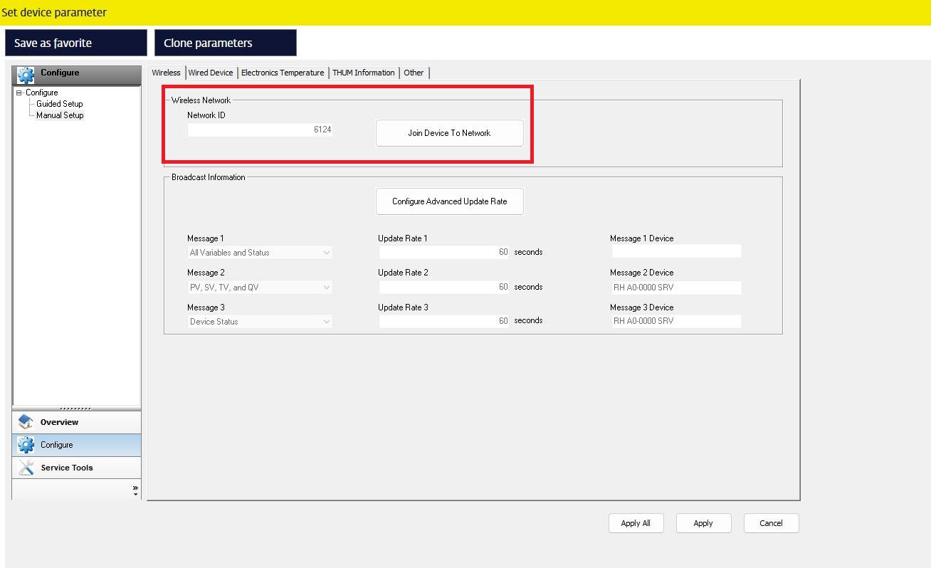PACTware configuration screen showing WirelessHART network ID setup and device join settings for integration