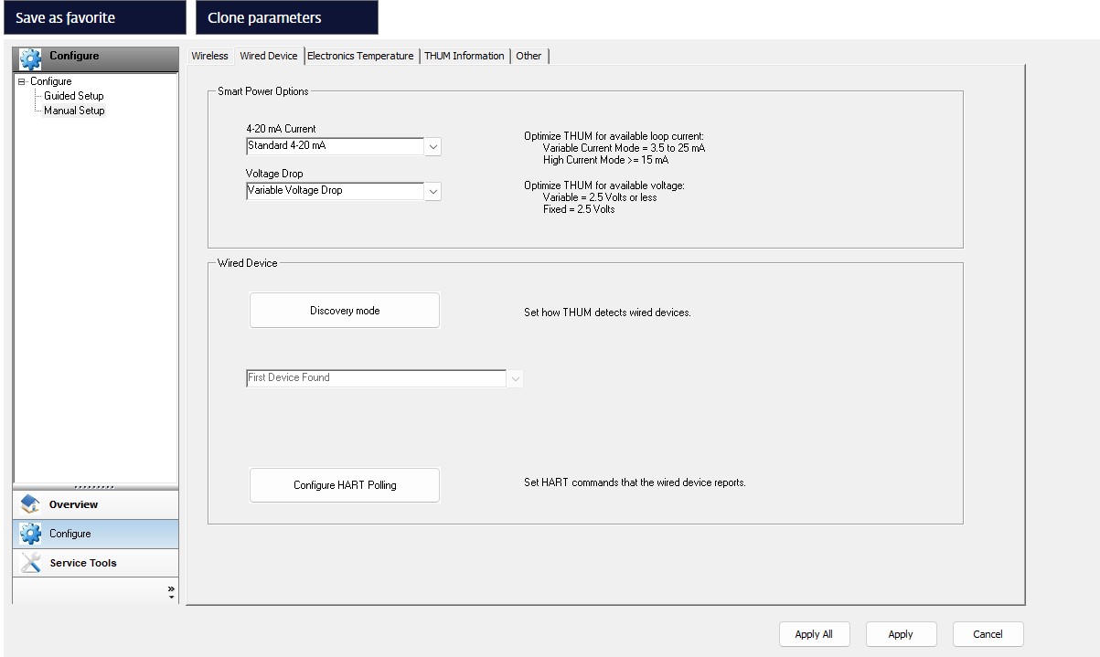 PACTware configuration screen for wired device settings, including Smart Power options and HART polling setup.