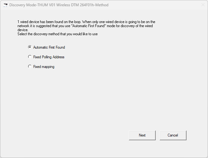 PACTware discovery mode screen for wired device settings with options for automatic, polling address, or fixed mapping