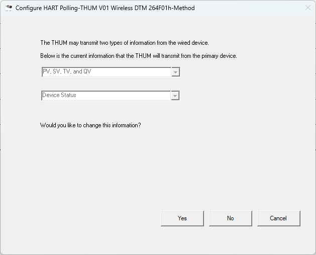 PACTware configuration screen for HART polling, selecting device variables and status data from wired devices.