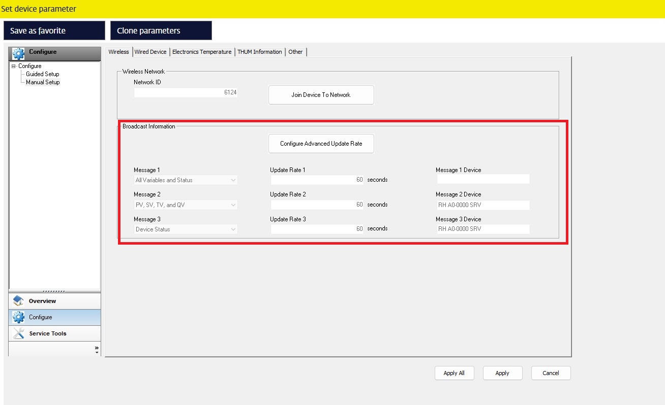 PACTware configuration screen showing WirelessHART broadcast settings with update rates and message assignments.