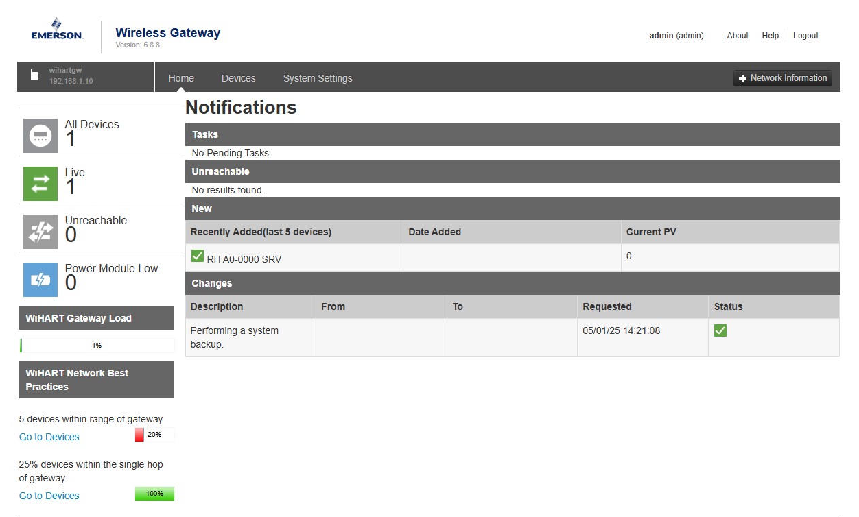 Emerson WirelessHART Gateway web interface showing notifications, new device added.
