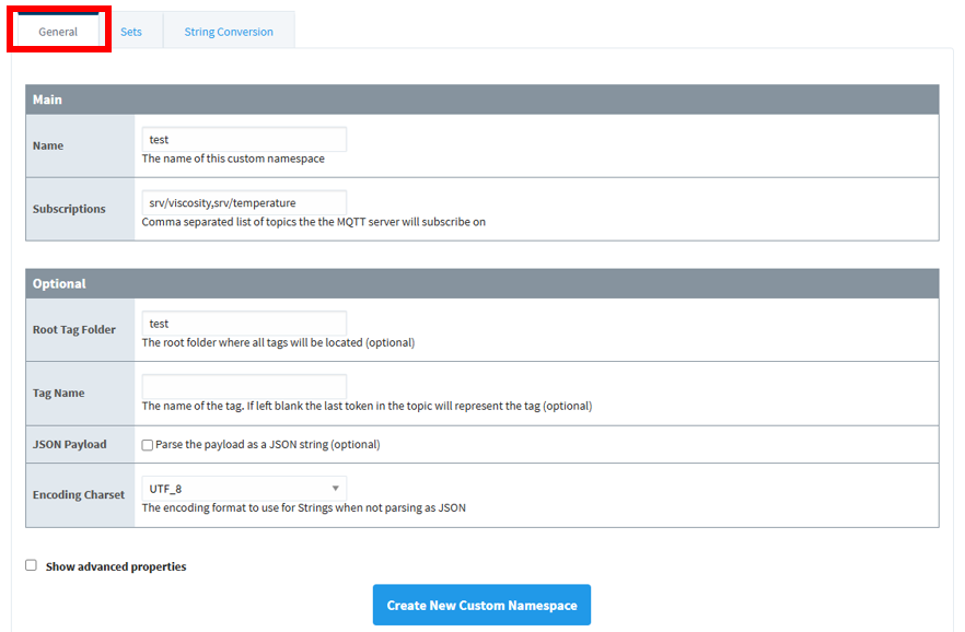 Figure 18: Namespace Configuration in MQTT Engine