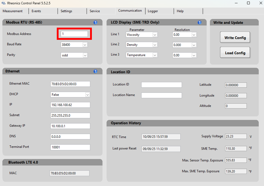 Figure 2: Modbus Address configuration in Rheonics Control Panel