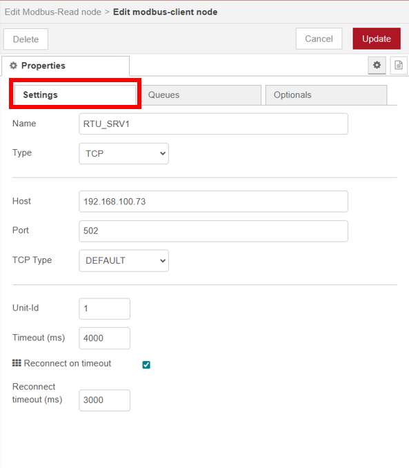 Figure 5: Modbus-client node Settings configuration