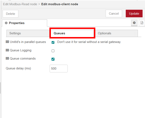 Figure 6: Modbus-client node Queues configuration