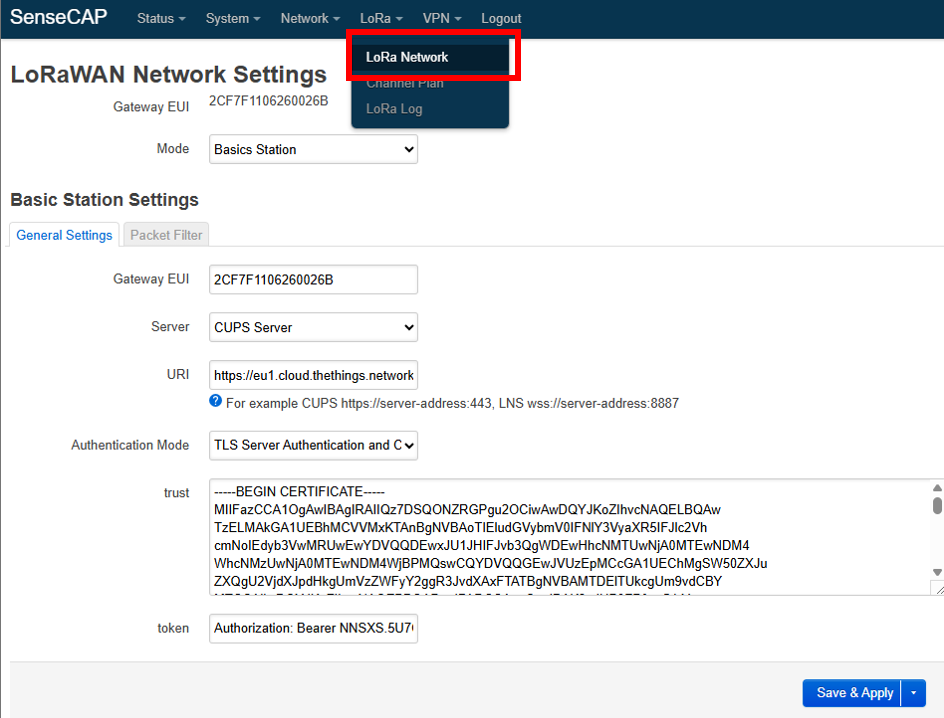 Figure 17: LoRa Network menu