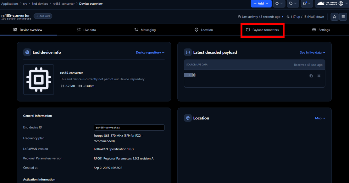 Figure 17: Payload formatters Tab selection
