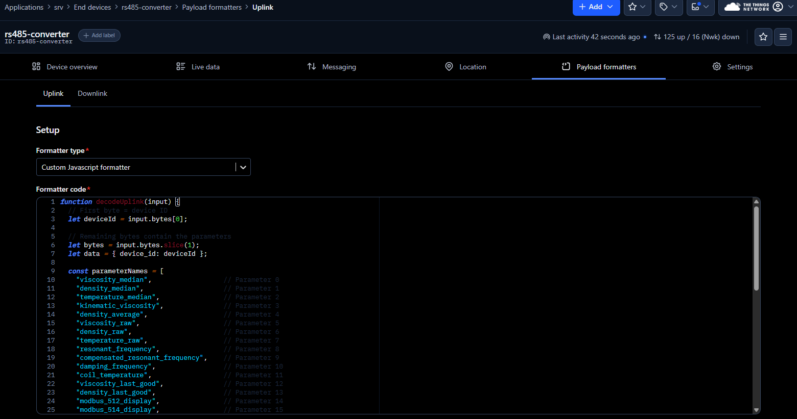 Figure 18: Payload formatters configuration