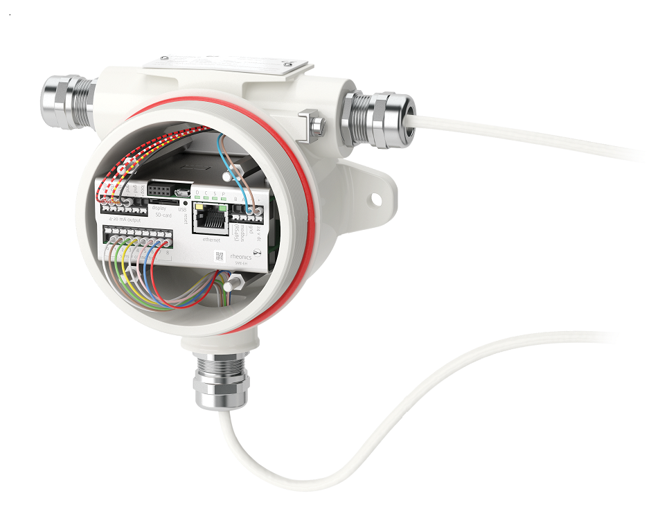 Rheonics SME-TRD sensor electronics housing showing wiring terminals and communication ports