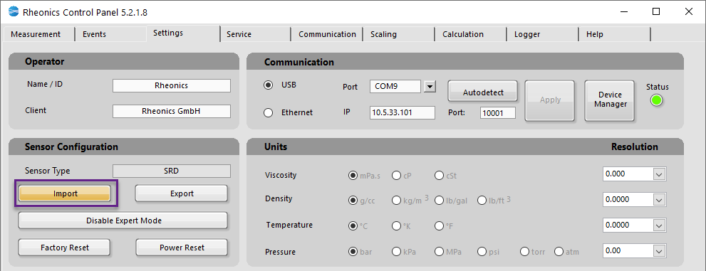 Screenshot of the Rheonics Control Panel (RCP) showing the Import button used to load a filter configuration into the SME for viscosity and density measurements