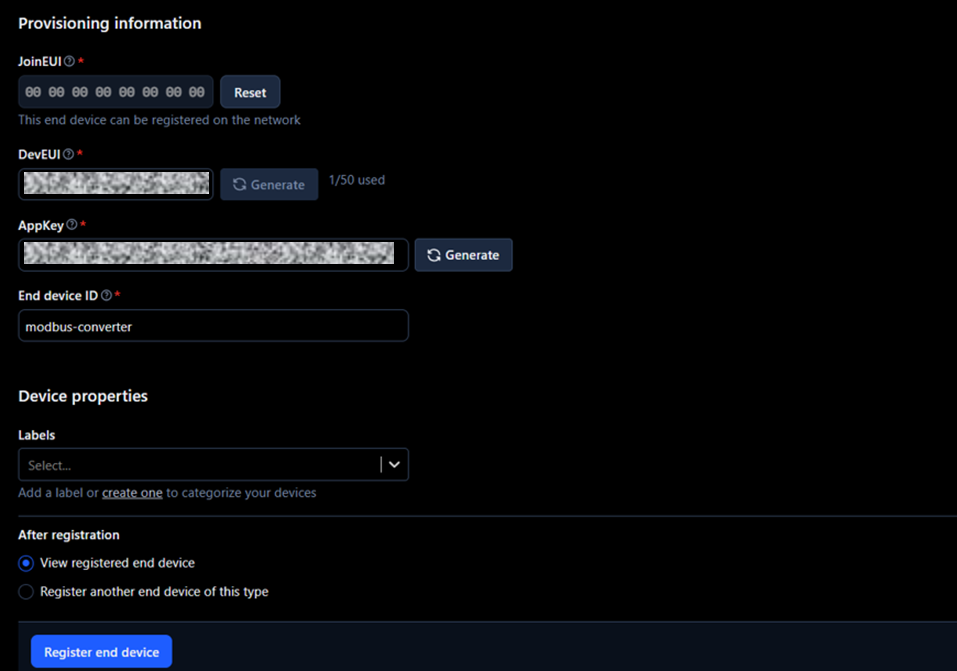 Figure 6: End device provisioning information